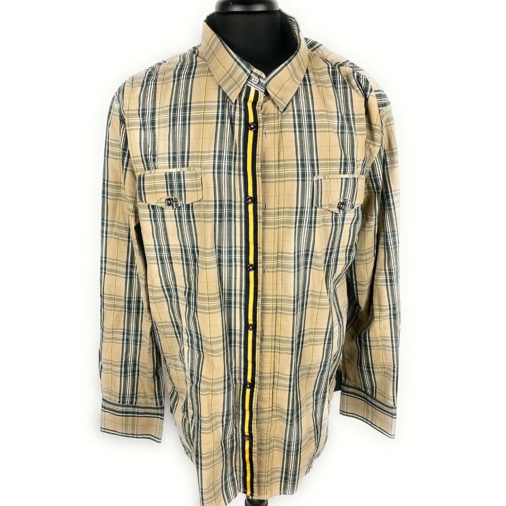 Cavi Mens Western Plaid Tan Button Up Shirt - Picture 2 of 10